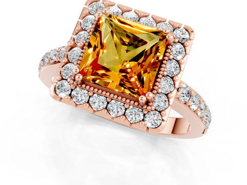 Rose gold Princess Cut Citrine Halo Ring with Pavé Band and Prong Setting_1