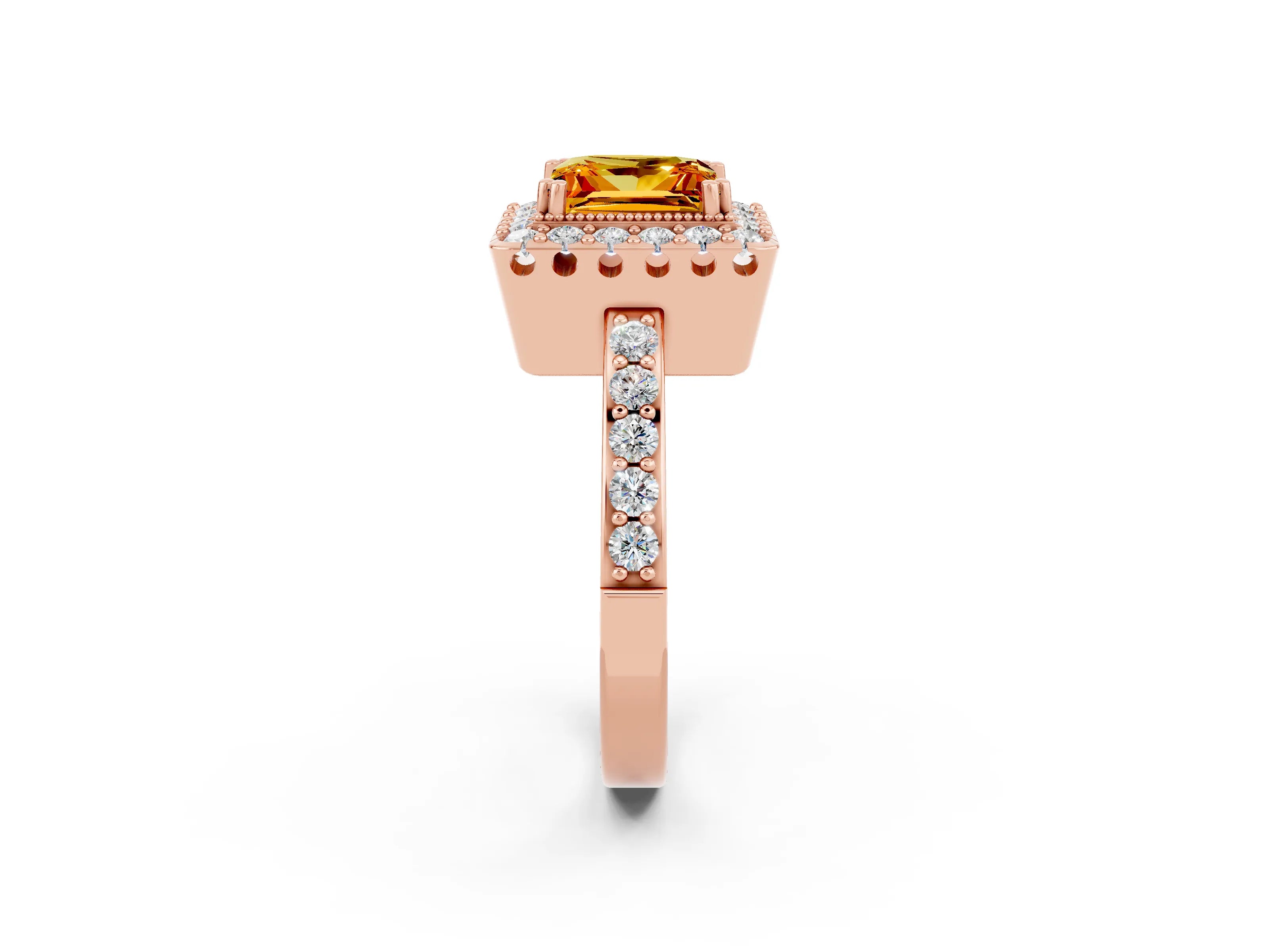 Rose gold Princess Cut Citrine Halo Ring with Pavé Band and Prong Setting_2
