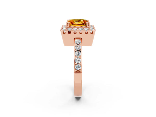 Rose gold Princess Cut Citrine Halo Ring with Pavé Band and Prong Setting