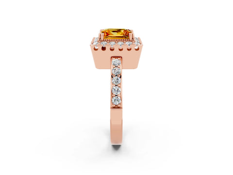 Rose gold Princess Cut Citrine Halo Ring with Pavé Band and Prong Setting_2