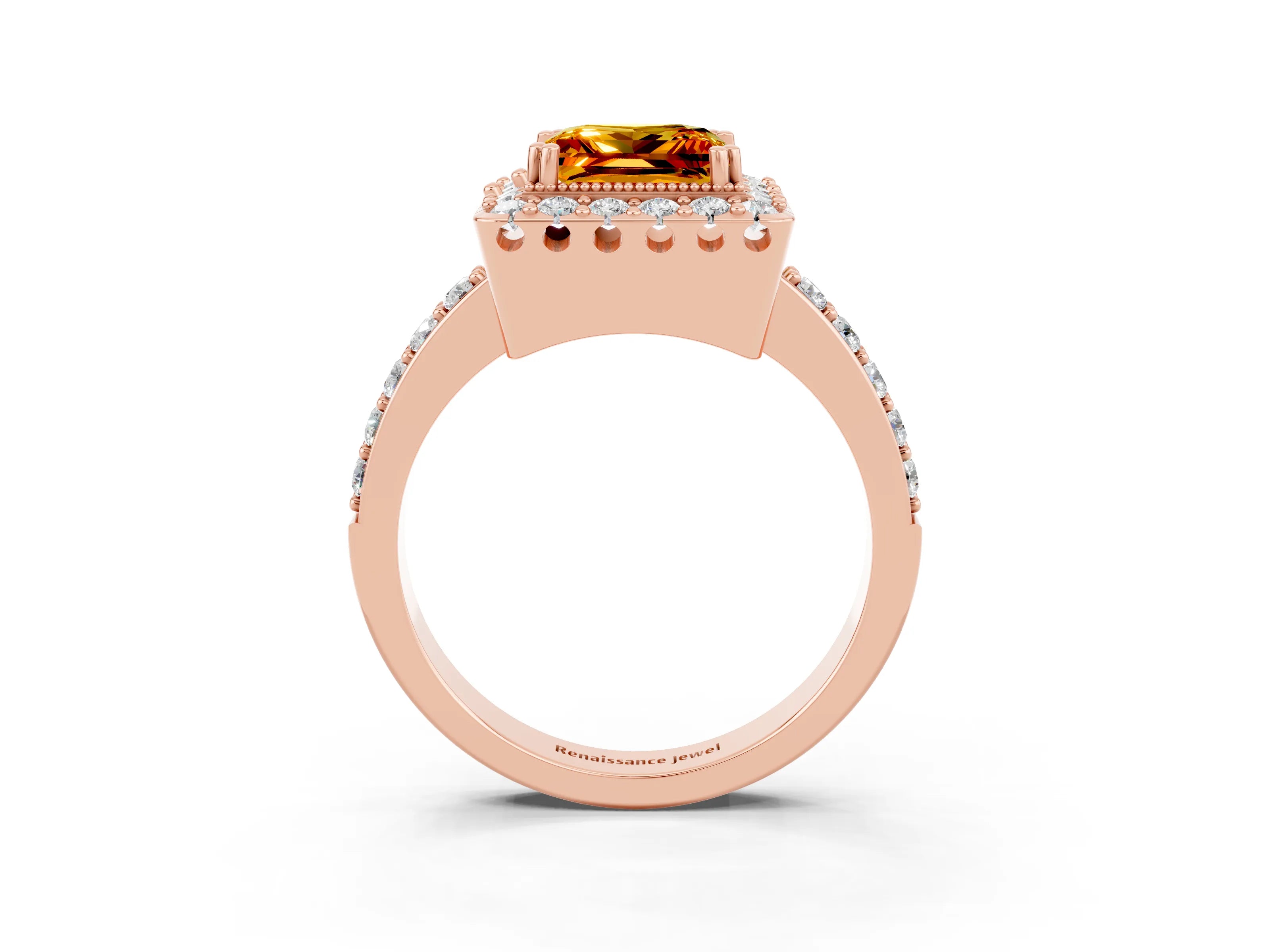 Rose gold Princess Cut Citrine Halo Ring with Pavé Band and Prong Setting_3