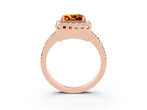 Rose gold Princess Cut Citrine Halo Ring with Pavé Band and Prong Setting