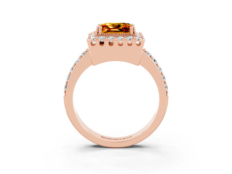 Rose gold Princess Cut Citrine Halo Ring with Pavé Band and Prong Setting_3