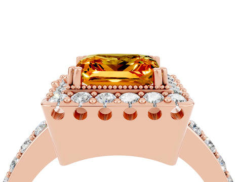 Rose gold Princess Cut Citrine Halo Ring with Pavé Band and Prong Setting_4