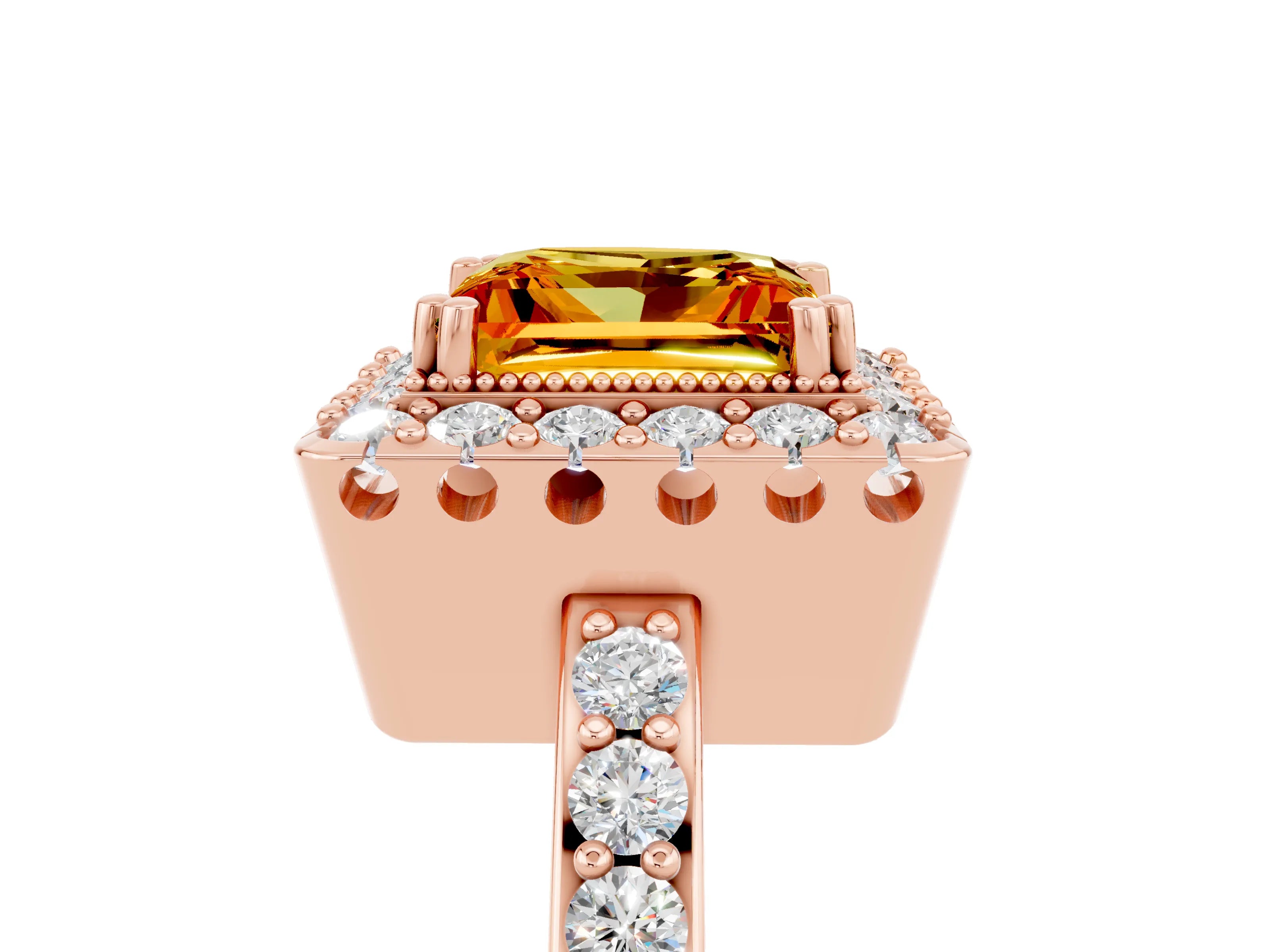 Rose gold Princess Cut Citrine Halo Ring with Pavé Band and Prong Setting_5