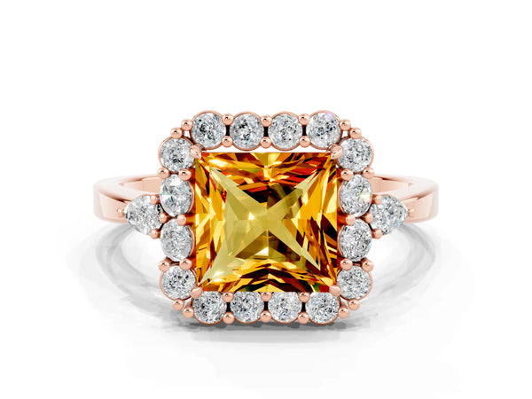 Rose gold Princess Cut Citrine Halo Ring with Pear Side Stones and Prong Setting