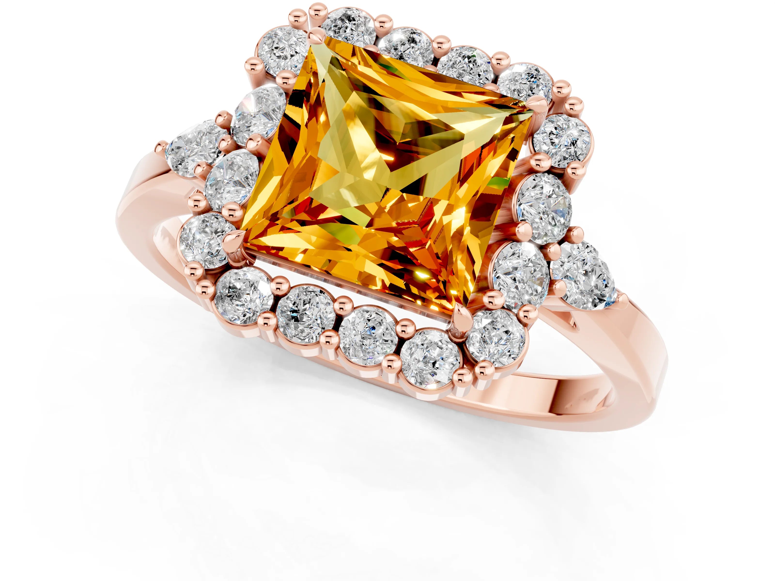 Rose gold Princess Cut Citrine Halo Ring with Pear Side Stones and Prong Setting_13