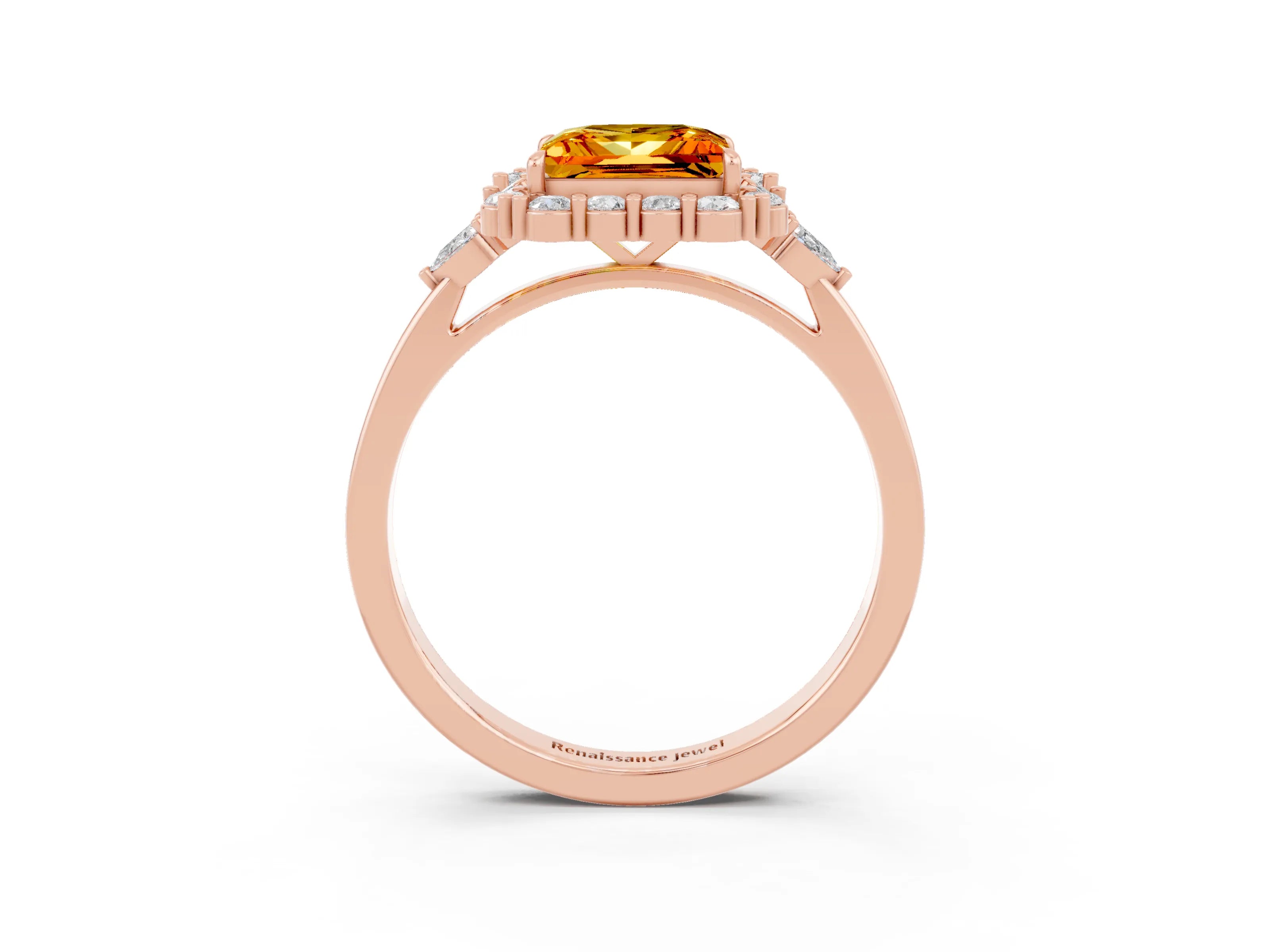 Rose gold Princess Cut Citrine Halo Ring with Pear Side Stones and Prong Setting_15