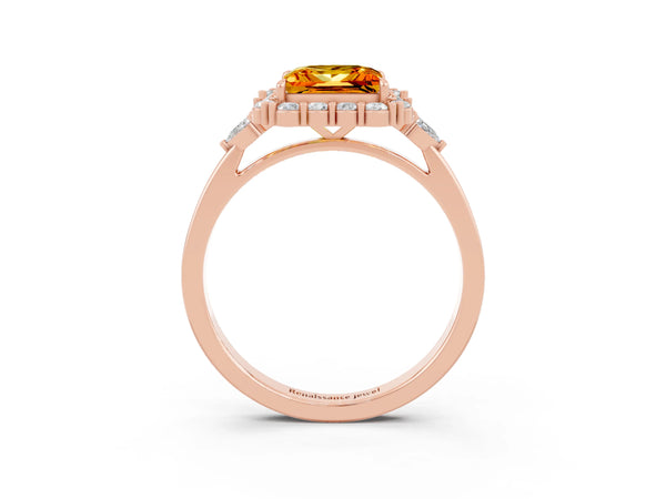 Rose gold Princess Cut Citrine Halo Ring with Pear Side Stones and Prong Setting