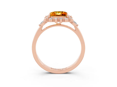 Rose gold Princess Cut Citrine Halo Ring with Pear Side Stones and Prong Setting_15
