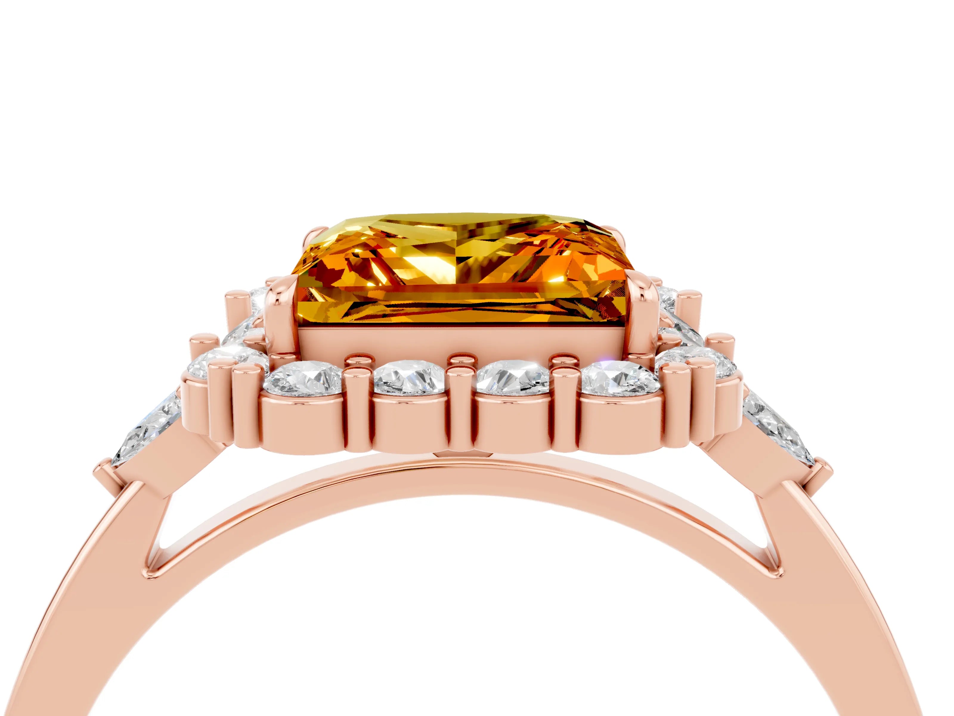 Rose gold Princess Cut Citrine Halo Ring with Pear Side Stones and Prong Setting_16