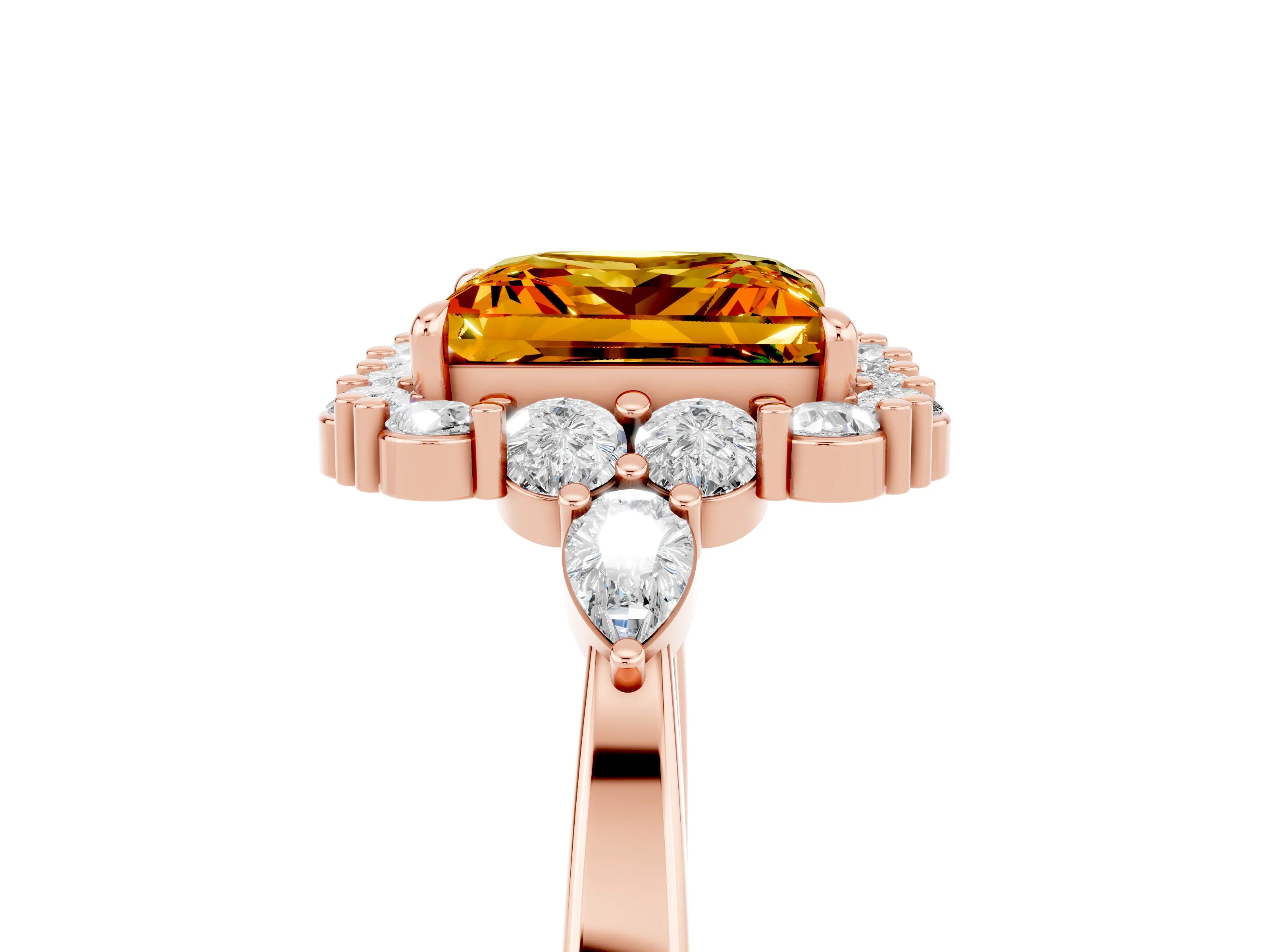 Rose gold Princess Cut Citrine Halo Ring with Pear Side Stones and Prong Setting_17