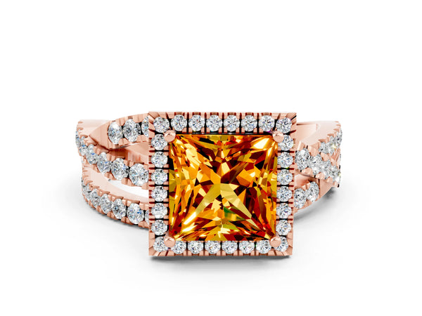 Rose gold Princess Cut Citrine Halo Ring with Round Split Shank and Prong Setting
