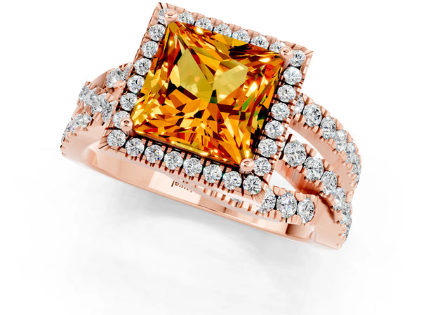 Rose gold Princess Cut Citrine Halo Ring with Round Split Shank and Prong Setting
