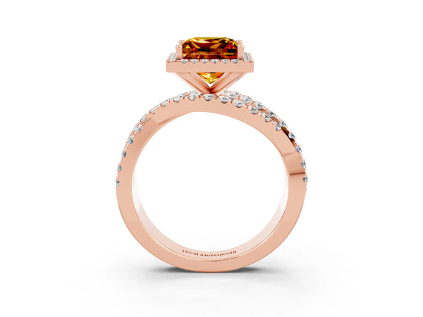 Rose gold Princess Cut Citrine Halo Ring with Round Split Shank and Prong Setting