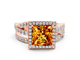 Rose gold Princess Cut Citrine Halo Ring with Round Split Shank and Prong Setting_48