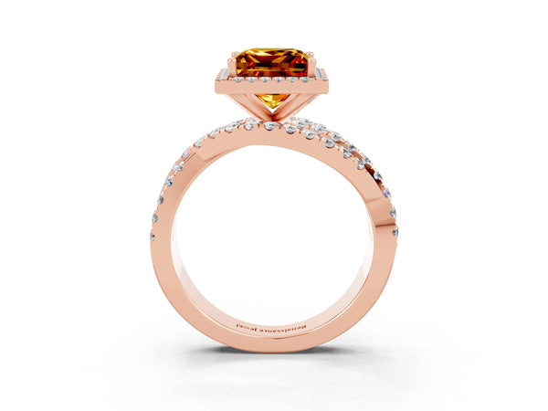 Rose gold Princess Cut Citrine Halo Ring with Round Split Shank and Prong Setting