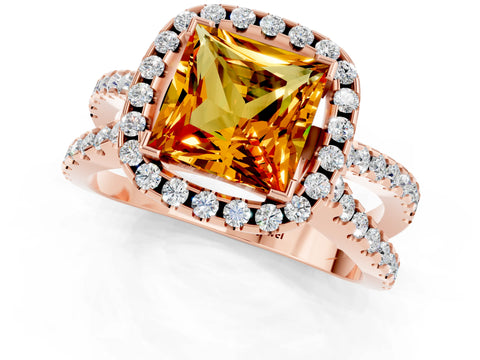 Rose gold Princess Cut Citrine Halo Ring with Split Shank Pavé Band and Prong Setting_1
