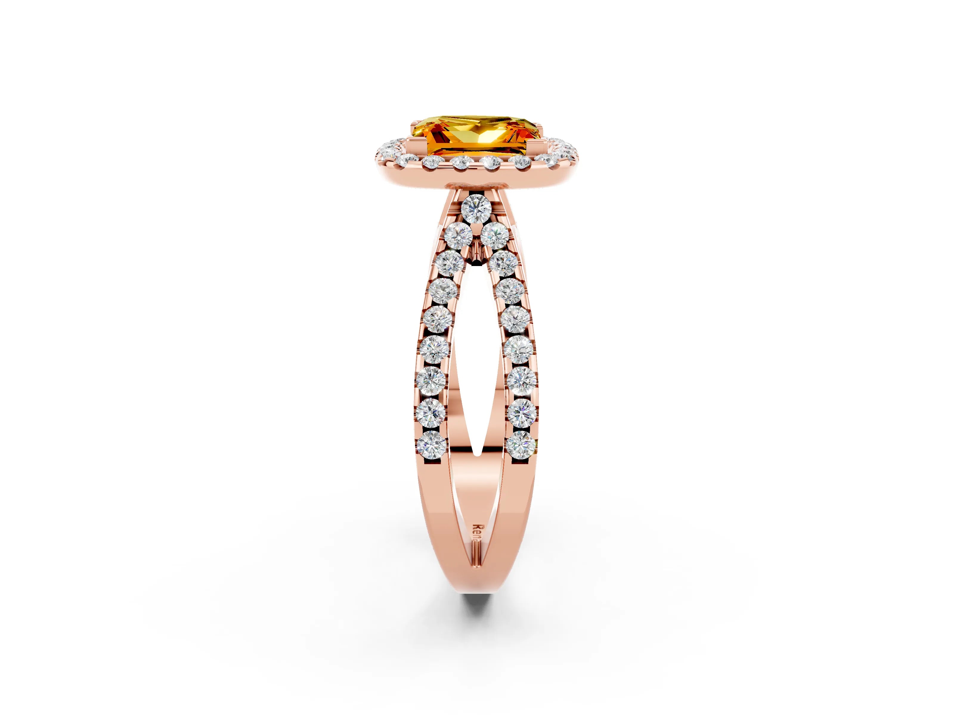 Rose gold Princess Cut Citrine Halo Ring with Split Shank Pavé Band and Prong Setting_2