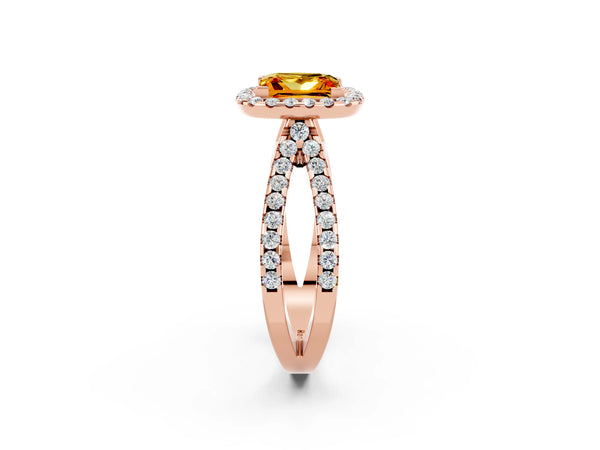 Rose gold Princess Cut Citrine Halo Ring with Split Shank Pavé Band and Prong Setting