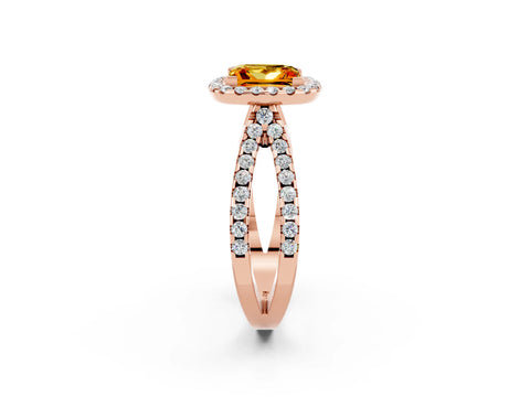 Rose gold Princess Cut Citrine Halo Ring with Split Shank Pavé Band and Prong Setting_2