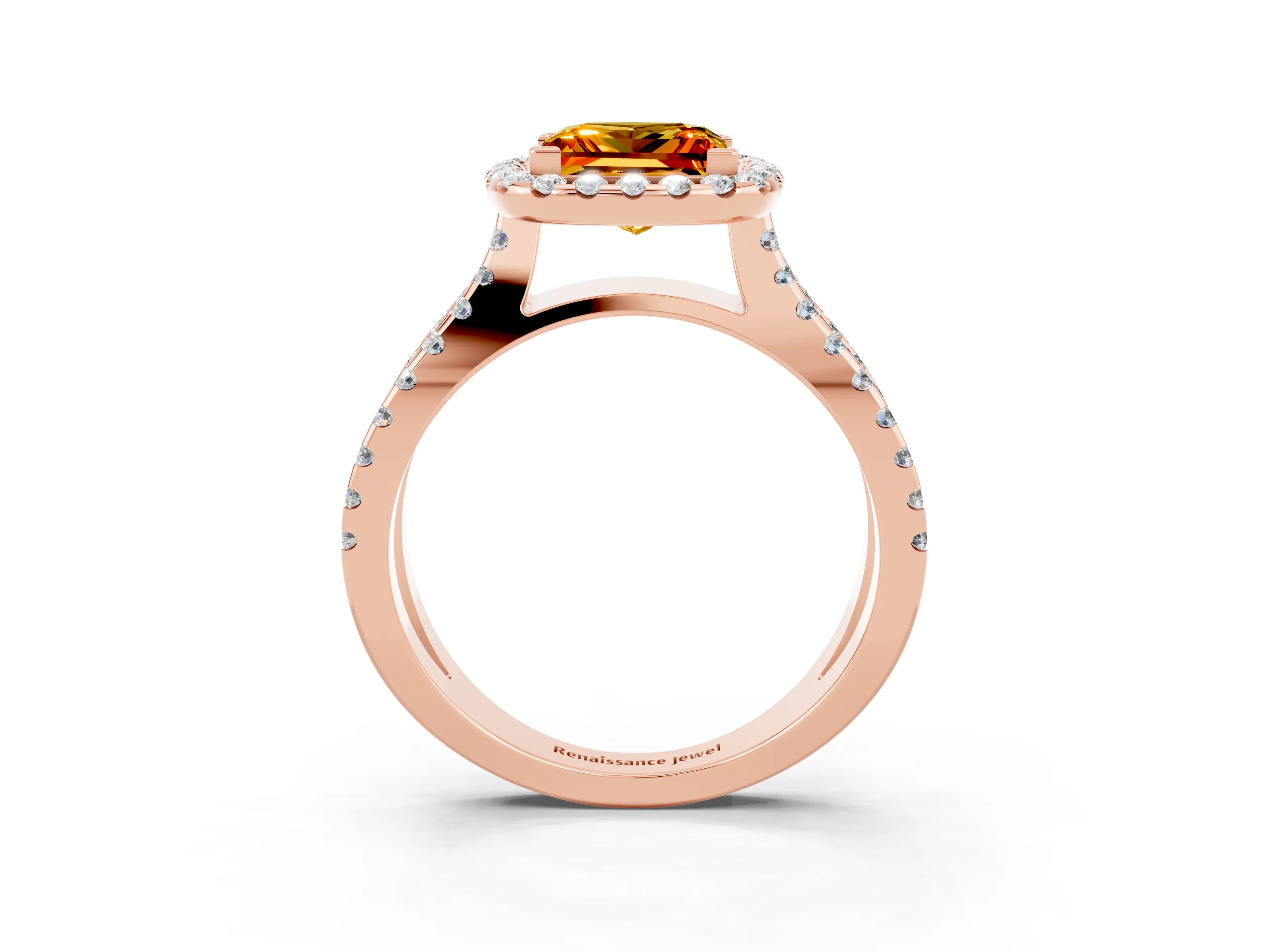 Rose gold Princess Cut Citrine Halo Ring with Split Shank Pavé Band and Prong Setting_3