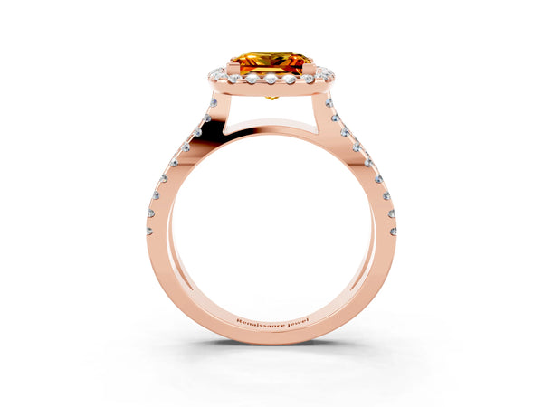 Rose gold Princess Cut Citrine Halo Ring with Split Shank Pavé Band and Prong Setting