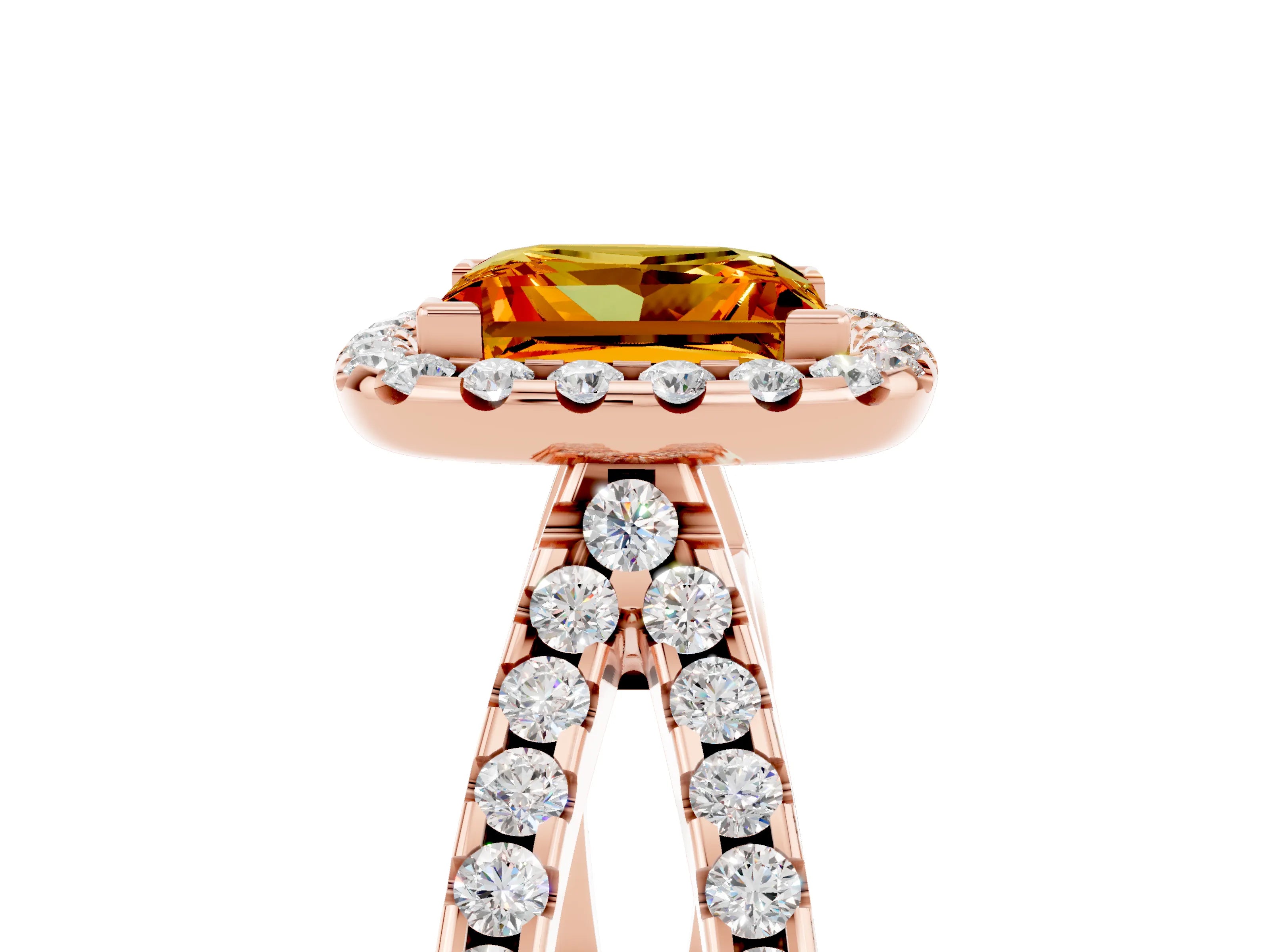 Rose gold Princess Cut Citrine Halo Ring with Split Shank Pavé Band and Prong Setting_5