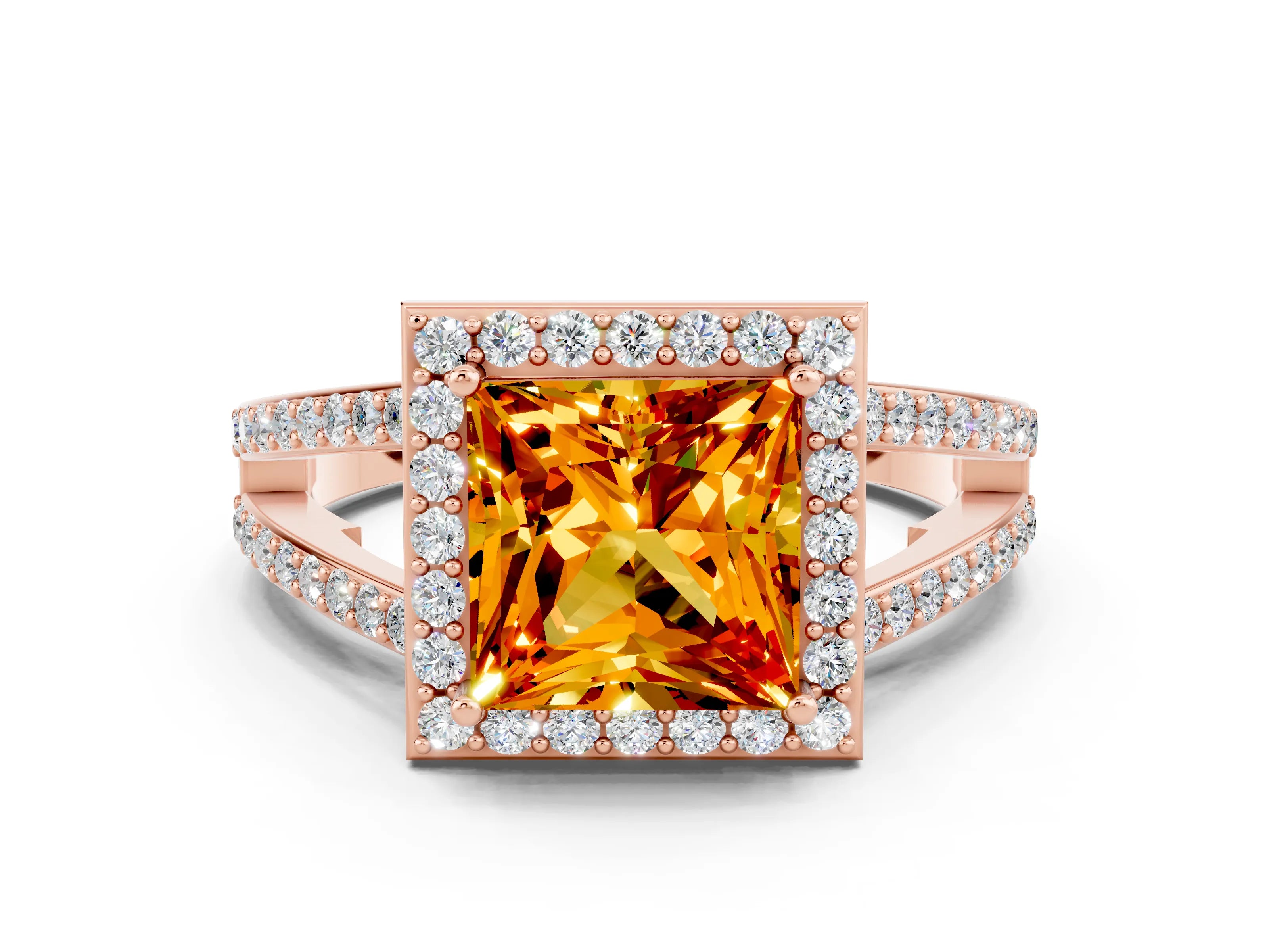 Rose gold Princess Cut Citrine Halo Ring with Split Shank U-Prong Band and Four-Prong Setting
