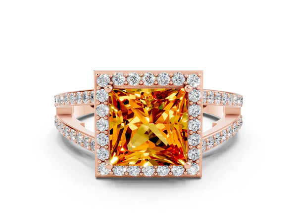 Rose gold Princess Cut Citrine Halo Ring with Split Shank U-Prong Band and Four-Prong Setting