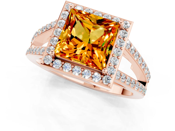 Rose gold Princess Cut Citrine Halo Ring with Split Shank U-Prong Band and Four-Prong Setting