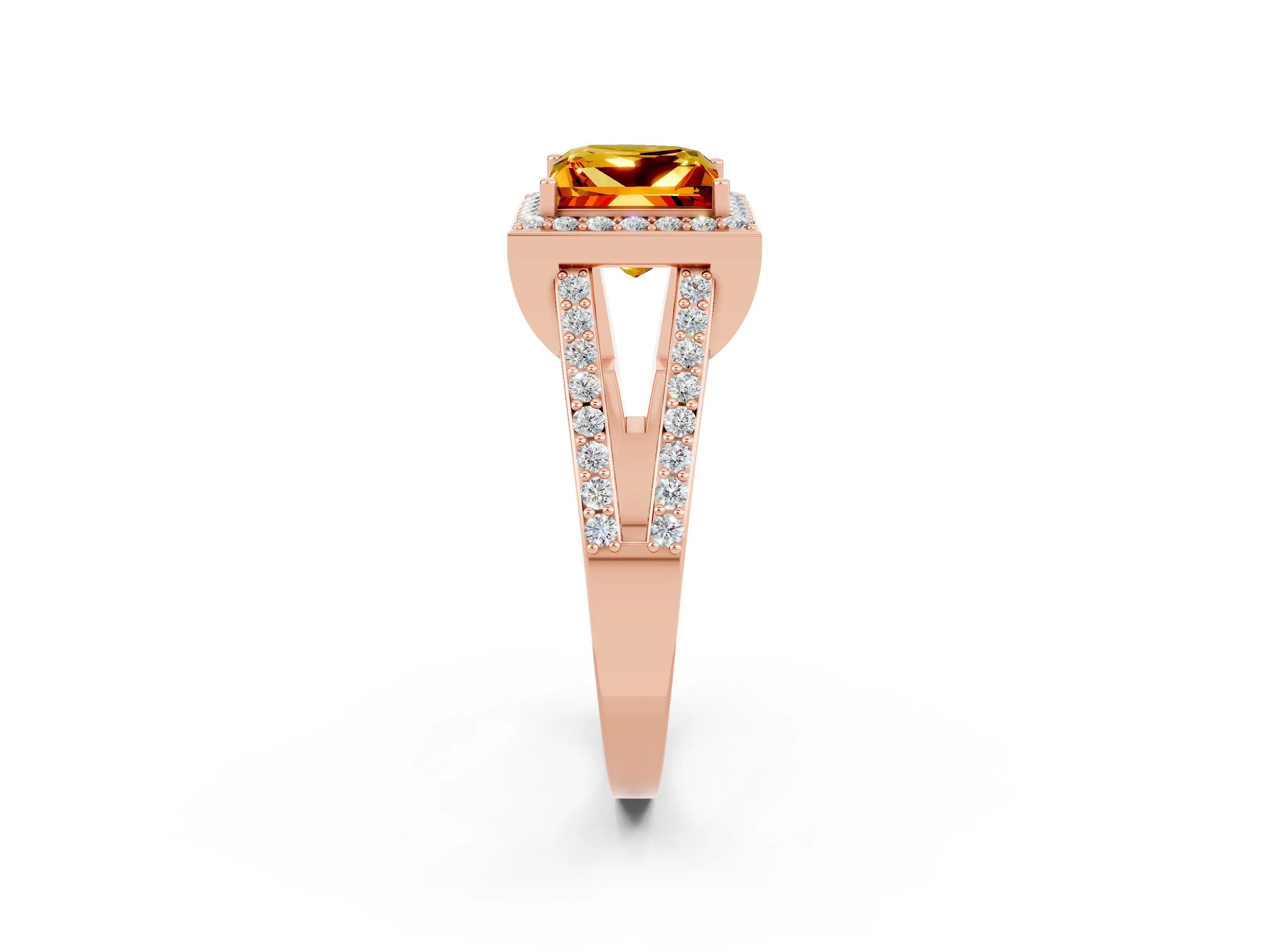 Rose gold Princess Cut Citrine Halo Ring with Split Shank U-Prong Band and Four-Prong Setting_2