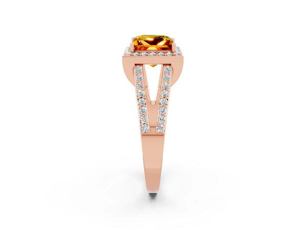 Rose gold Princess Cut Citrine Halo Ring with Split Shank U-Prong Band and Four-Prong Setting