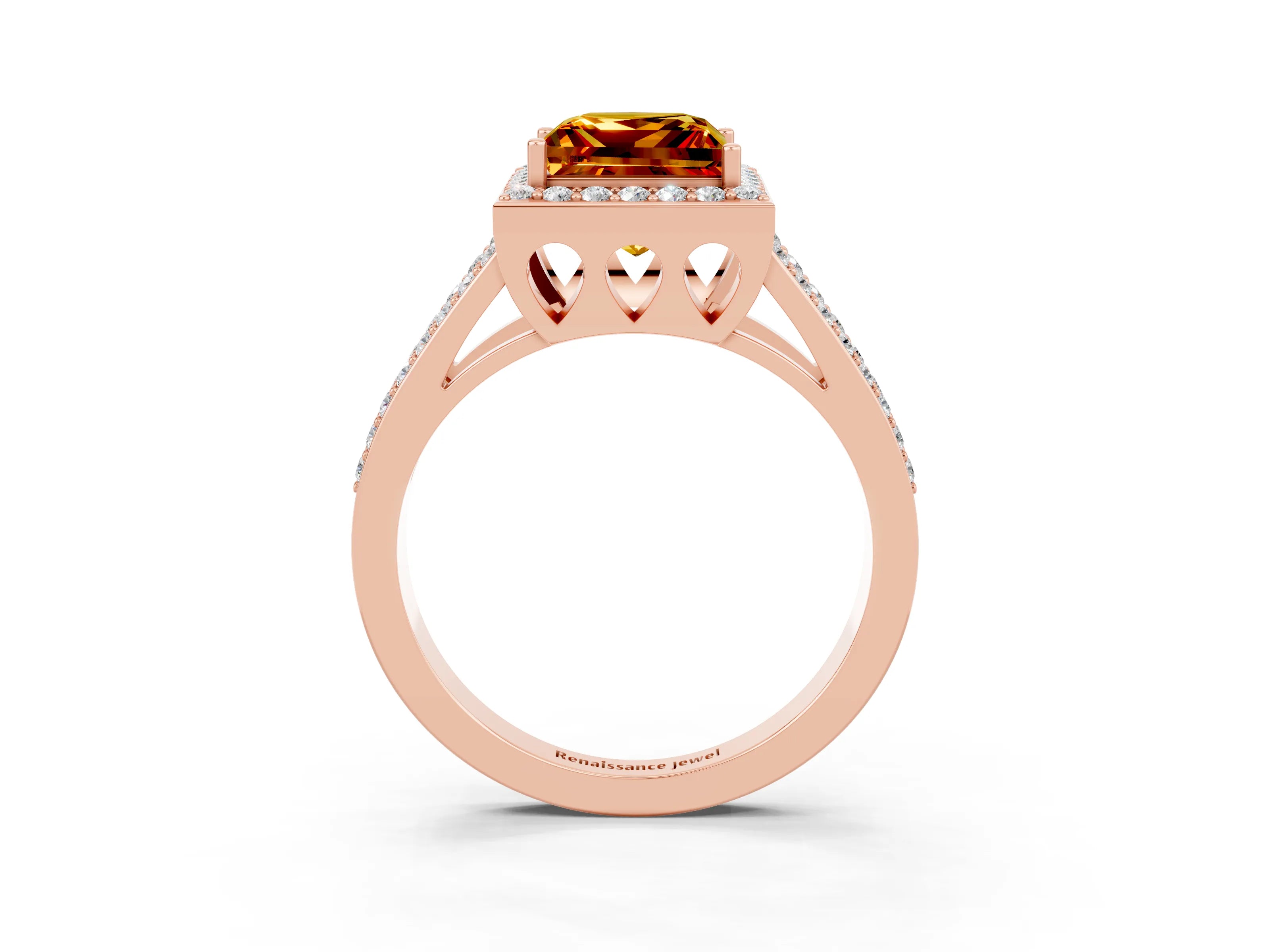 Rose gold Princess Cut Citrine Halo Ring with Split Shank U-Prong Band and Four-Prong Setting_3