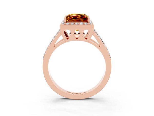 Rose gold Princess Cut Citrine Halo Ring with Split Shank U-Prong Band and Four-Prong Setting