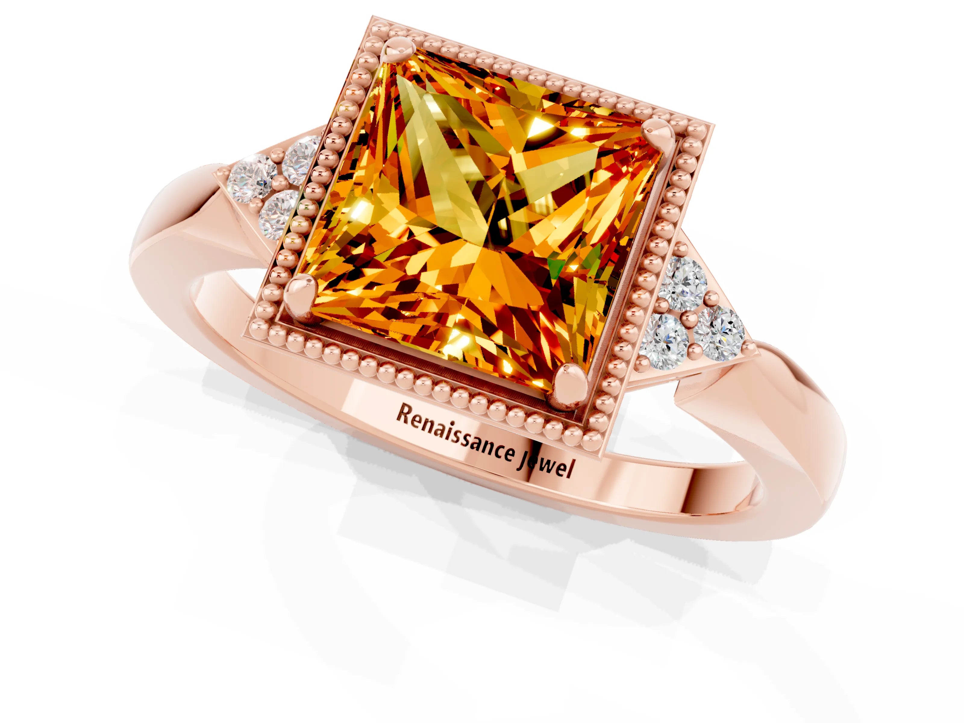 Rose gold Princess Cut Citrine Halo Ring with Tapered Band and Four-Prong Setting_1