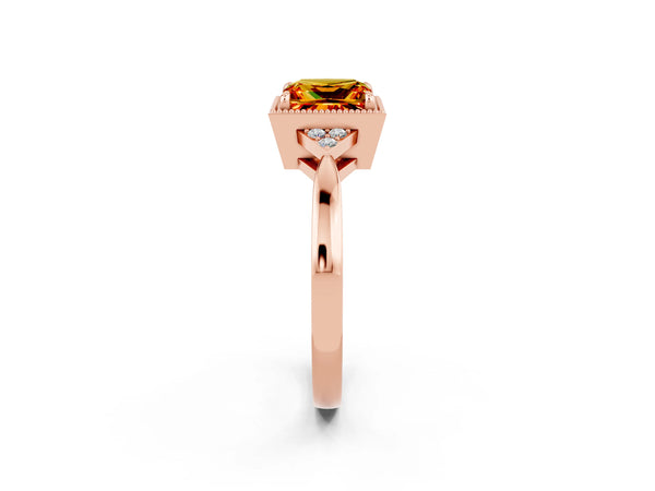 Rose gold Princess Cut Citrine Halo Ring with Tapered Band and Four-Prong Setting