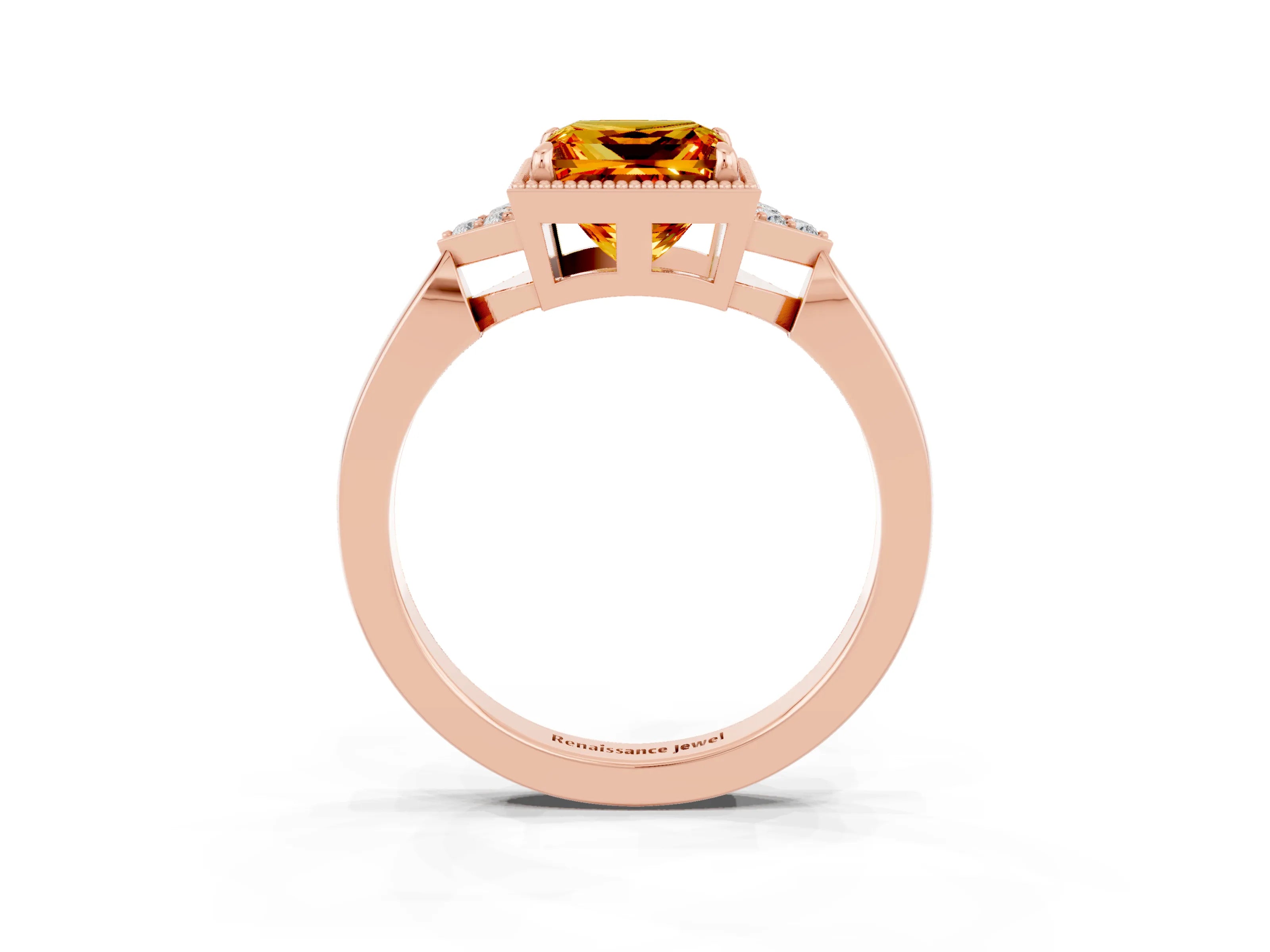 Rose gold Princess Cut Citrine Halo Ring with Tapered Band and Four-Prong Setting_3