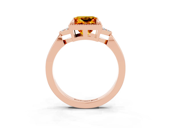 Rose gold Princess Cut Citrine Halo Ring with Tapered Band and Four-Prong Setting