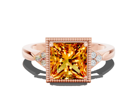 Rose gold Princess Cut Citrine Halo Ring with Tapered Band and Four-Prong Setting