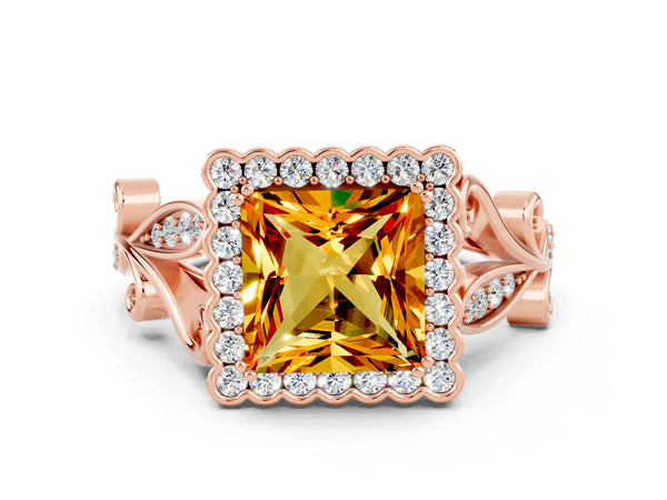 Rose gold Princess Cut Citrine Halo Ring with Vintage Split Shank and Four-Prong Setting