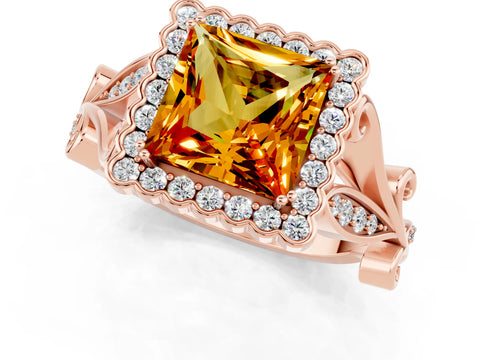 Rose gold Princess Cut Citrine Halo Ring with Vintage Split Shank and Four-Prong Setting_1