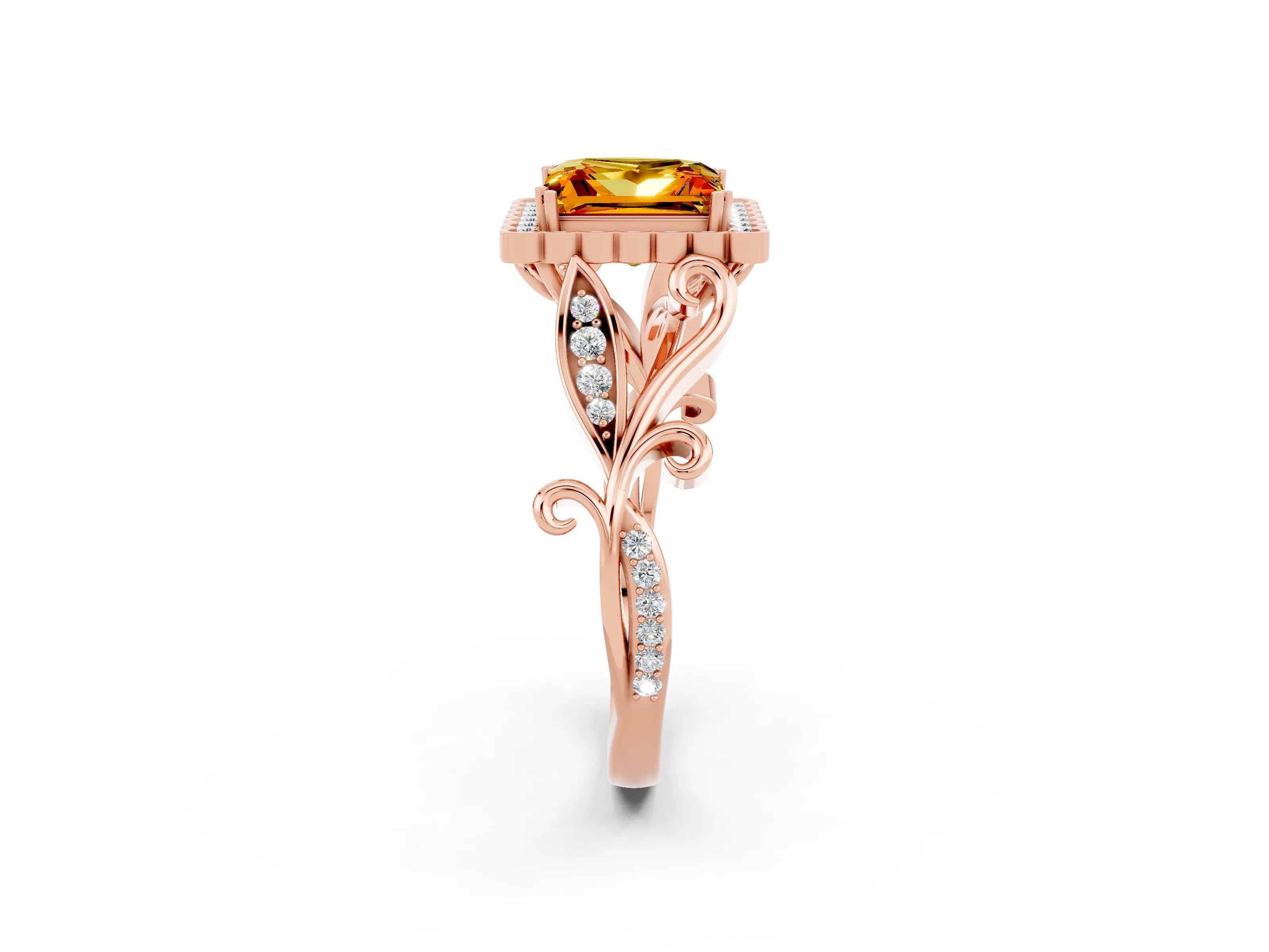 Rose gold Princess Cut Citrine Halo Ring with Vintage Split Shank and Four-Prong Setting_2