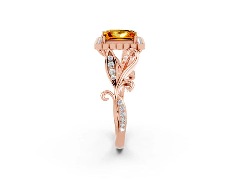 Rose gold Princess Cut Citrine Halo Ring with Vintage Split Shank and Four-Prong Setting_2