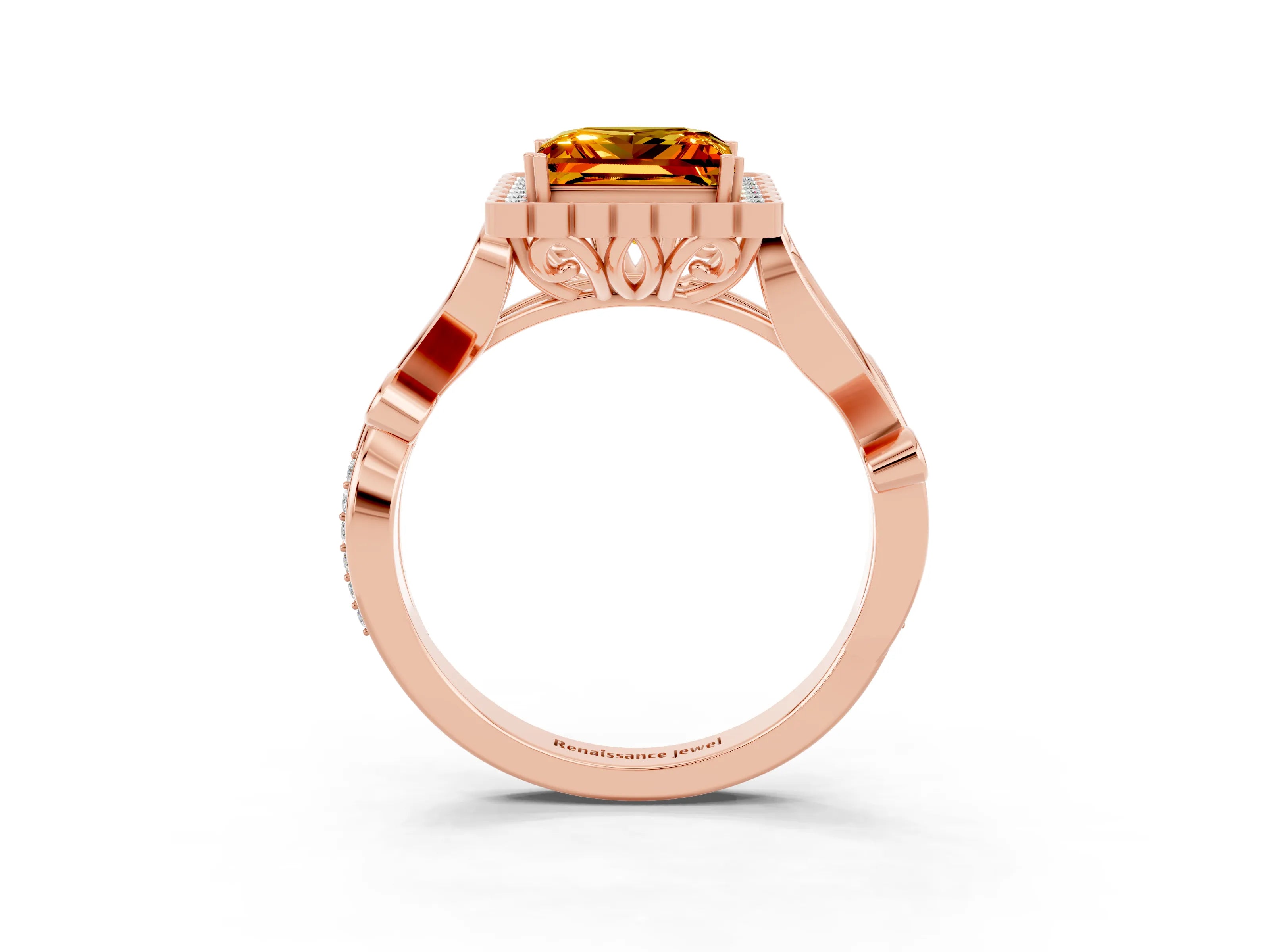 Rose gold Princess Cut Citrine Halo Ring with Vintage Split Shank and Four-Prong Setting_3
