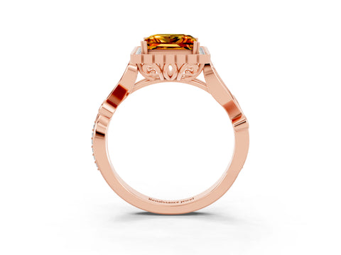 Rose gold Princess Cut Citrine Halo Ring with Vintage Split Shank and Four-Prong Setting_3