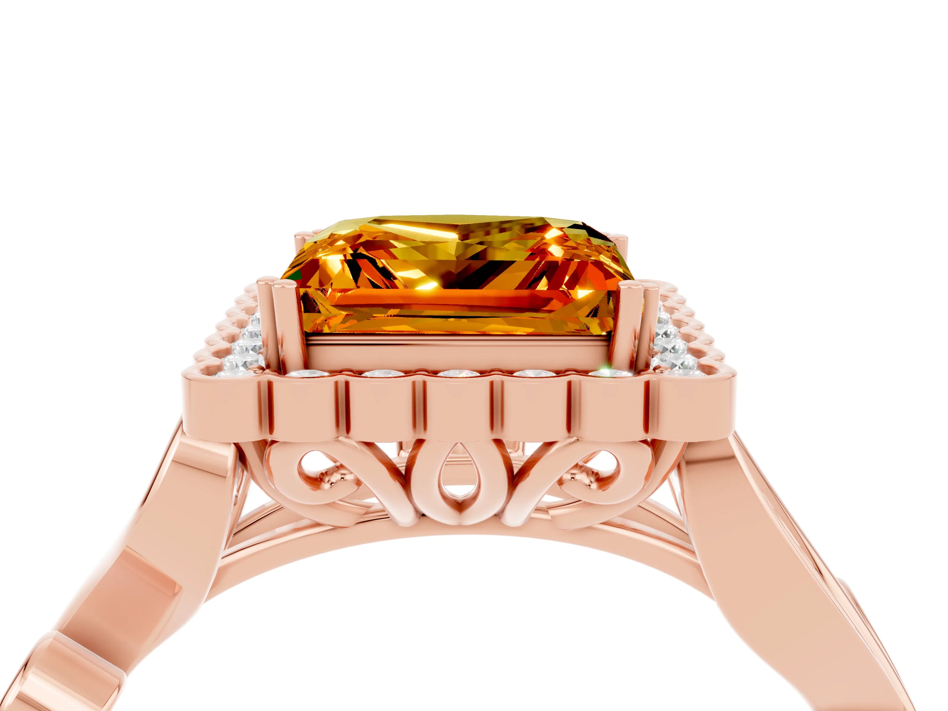 Rose gold Princess Cut Citrine Halo Ring with Vintage Split Shank and Four-Prong Setting_4