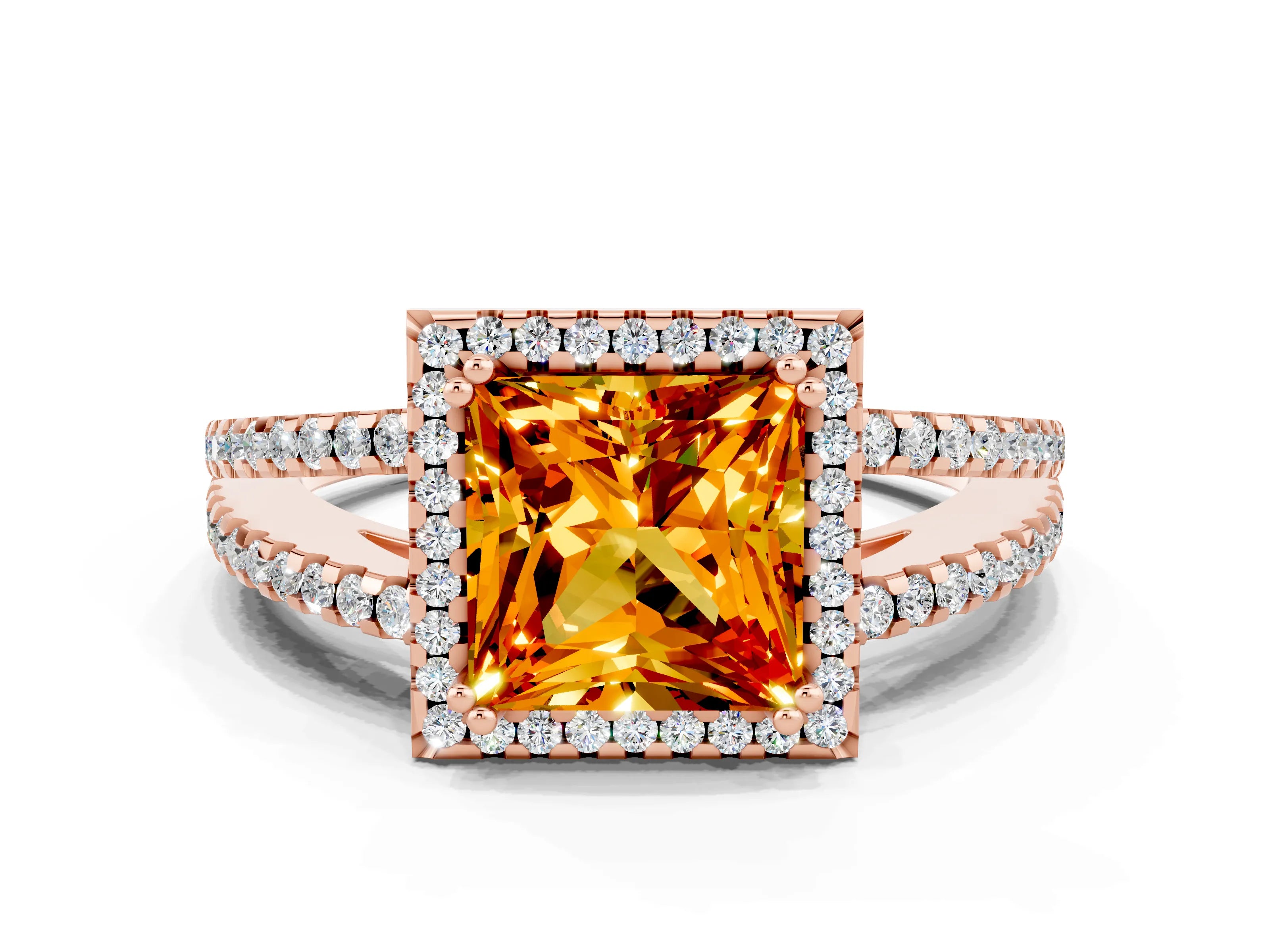Rose gold Princess Cut Citrine Halo Split Shank Engagement Ring_12