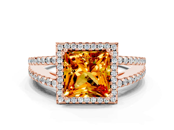 Rose gold Princess Cut Citrine Halo Split Shank Engagement Ring