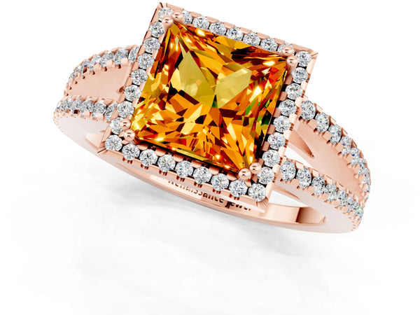 Rose gold Princess Cut Citrine Halo Split Shank Engagement Ring